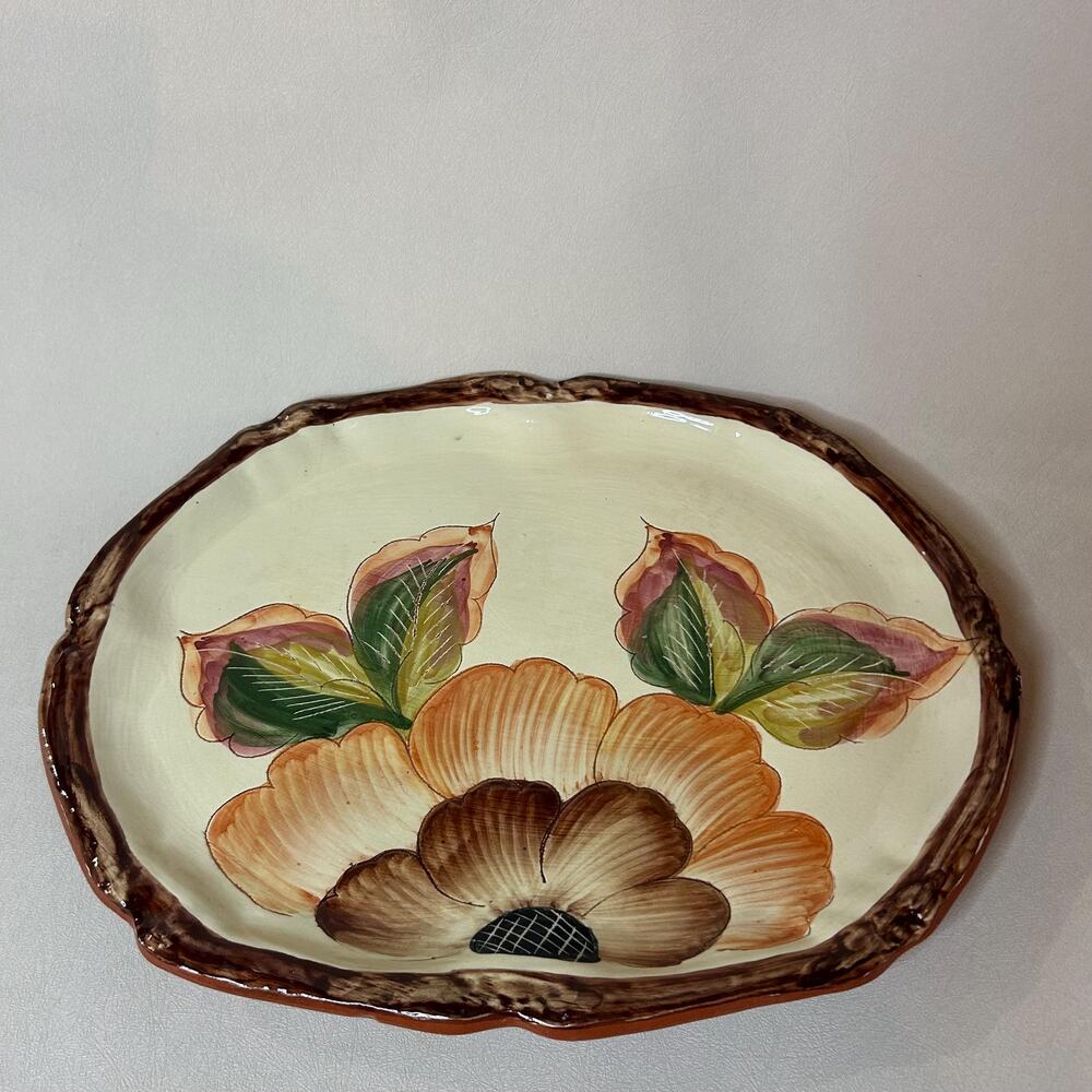 Vintage Portuguese Hand-Painted Ceramic Platter – Rustic Floral (Signed, #200)